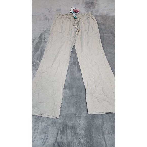 Roxy Oceanside Linen Blend Pant Women's L Stone Drawstring Beach Pants NWT - Picture 2 of 11